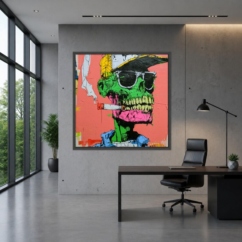 Lienzo con estampado de calavera neón, arte mural de esqueleto graffiti, decoración punk urbana. Black Frame