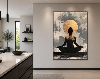 Lienzo con la imagen de Buda meditando, arte de pared en negro y dorado para decoración moderna del hogar, obra de arte espiritual y tranquila, arte de pared de Buda