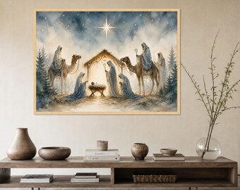 Lienzo con escena de la Natividad, arte mural en acuarela sereno, decoración religiosa para el hogar.