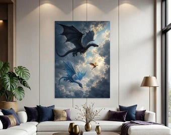 Lienzo con diseño de dragón fantástico, arte del cielo colorido, decoración para el hogar, arte mural moderno.