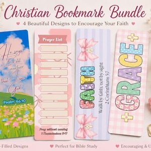 May include: A set of four rectangular bookmarks featuring Christian themes. One shows a landscape with the text Psalm 46:10, another is a pink prayer list, the third has the word FAITH with bows, and the fourth features the word GRACE.