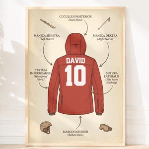 以下が含まれることがあります： 名前のDAVIDと数字の10が白でプリントされた赤いスキーウェアのイラストが描かれた額入りポスター。イラストには、フード、袖、防水生地、サイドシームなどの特徴を指し示すラテン語と英語のラベルが含まれています。