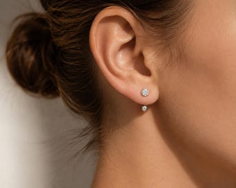 Boucles d'oreilles puces d'oreille en argent sterling S925 et zirconiums cubiques, double face, boucles d'oreilles délicates dorées ou argentées, style minimaliste