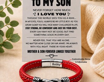 Bracelet Pour mon fils, Bracelet en cuir avec noeud infini, Cadeau de remise des diplômes pour fils, Cadeau inspirant de maman, Cadeau d'anniversaire pour homme