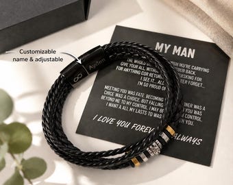 Bracelet To My Man avec carte, Bracelet infini personnalisé pour lui, Bracelet en acier inoxydable avec nom personnalisé, Gravure cadeau pour petit ami