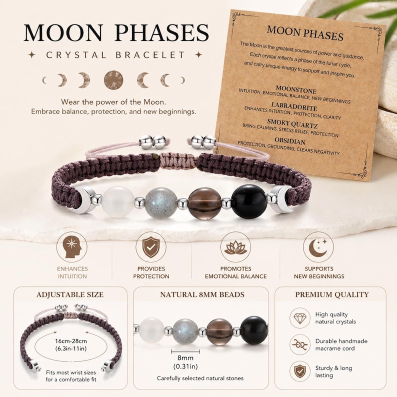 May include: A brown macrame cord bracelet featuring four 8mm natural crystal beads: white moonstone, grey labradorite, brown smoky quartz, and black obsidian. The bracelet includes silver-tone moon charms and an adjustable 6.3-11 inch cord.