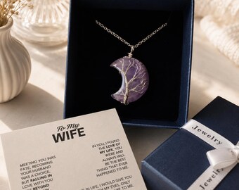 Collier lune en améthyste à ma femme, pendentif en cristal arbre de vie, cadeau d'anniversaire romantique pour femme, bijoux en cristal de guérison pour elle