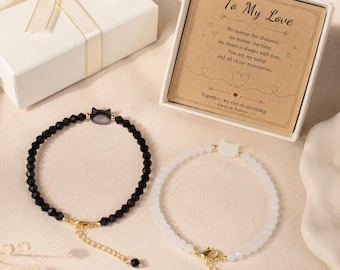 Pulseras a juego para parejas con temática de gatos, conjunto de pulseras de gatos blancos y negros, regalo para relaciones a distancia, regalo de aniversario para novios.
