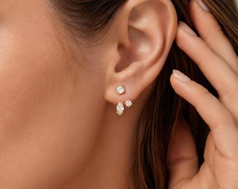 Boucles d'oreilles Ear Jacket 3 styles, boucles d'oreilles puces en cristal doré, boucles d'oreilles devant et derrière, bijou minimaliste délicat, cadeau pour elle