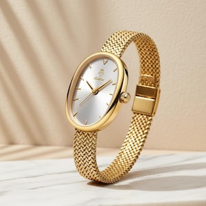 Peut inclure: Une montre-bracelet dorée avec un boîtier ovale et un cadran argenté à effet soleil. Le cadran présente de fins index dorés, un petit diamant à douze heures et un logo. Elle est dotée d'un bracelet en maille métallique dorée tressée.