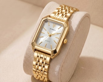 Luxe gouden vierkant dameshorloge, roestvrijstalen quartz polshorloge, elegant minimalistisch horloge voor haar, modieus sieraad als cadeau voor vrouwen