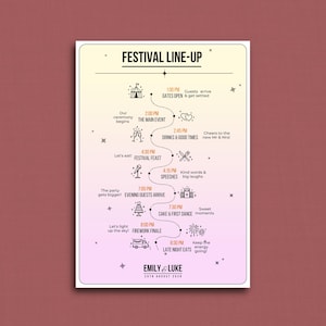 May include: A vertical wedding festival line-up sign with a yellow to pink gradient background. It features a timeline of events from 1:00 PM to 8:30 PM, including icons for a tent, drinks, feast, microphone, cake, fireworks, and food truck, ending with EMILY & LUKE 24TH AUGUST 2026.