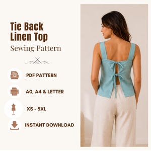 Linen Tie Back Top Sewing Pattern, Easy Square Neck Summer Blouse Pdf,  XS-5XL | A0, A4, US Letter