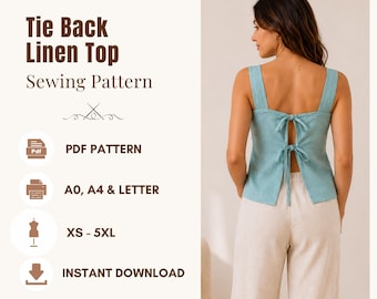 Linen Tie Back Top Sewing Pattern, Easy Square Neck Summer Blouse Pdf,  XS-5XL | A0, A4, US Letter
