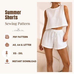 Patrón de costura fácil para pantalones cortos de verano, pantalones cortos de pijama para mujer en PDF, tallas XS-5XL, tamaños A0, A4 y Carta (EE. UU.). Descarga instantánea.