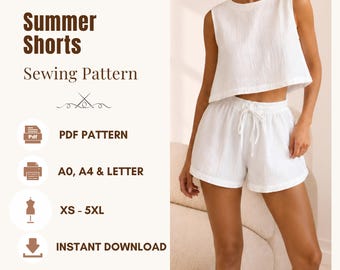 Easy Summer Shorts Sewing Pattern, Women's Pajama Shorts PDF, XS-5XL, A0 A4 US Letter Instant Download