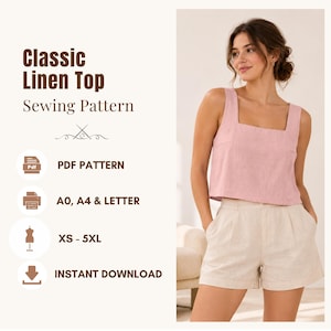 以下が含まれることがあります： Classic Linen Top Sewing Pattern、PDF Pattern、A0, A4 & Letter、XS-5XL、Instant Downloadというテキストが記載されたリネントップスの型紙。画像には、スクエアネックのピンク色のノースリーブトップスが写っています。