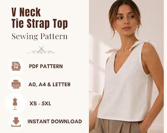V Neck Shoulder Tie Top Sewing Pattern, Women's Summer Relaxed fit Blouse PDF, Linen Tank Top, XS-5XL, A0, A4 & US Letter