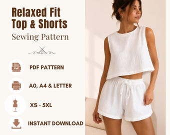 Easy Summer Lounge Set Sewing Pattern, Sleeveless Tank Top & Shorts PDF, Digital Download, XS - 5XL | A0, A4, US Letter