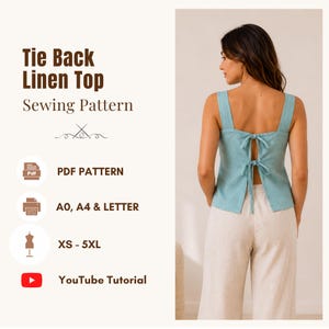 Linen Tie Back Top Sewing Pattern, Easy Square Neck Summer Blouse Pdf,  XS-5XL | A0, A4, US Letter