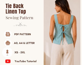 Linen Tie Back Top Sewing Pattern, Easy Square Neck Summer Blouse Pdf,  XS-5XL | A0, A4, US Letter