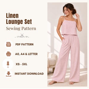 Puede incluir: Un patrón de costura digital para un conjunto de lino, con una camiseta de tirantes y pantalones anchos de color rosa claro. El texto dice: Linen Lounge Set Sewing Pattern, PDF PATTERN, A0, A4 & LETTER, XS - 5XL, INSTANT DOWNLOAD.