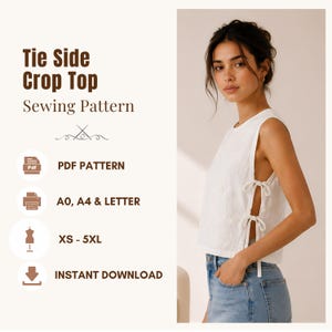 May include: A white sleeveless crop top with tie-side closures, shown in a sewing pattern listing. Text includes: Tie Side Crop Top Sewing Pattern, PDF PATTERN, A0, A4 & LETTER, XS - 5XL, INSTANT DOWNLOAD. The top features a subtle floral pattern.
