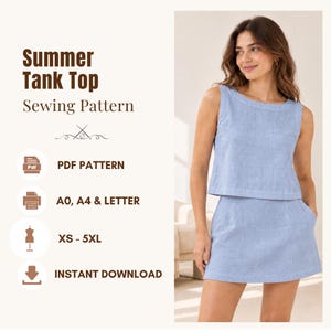 以下が含まれることがあります： ライトブルーのノースリーブタンクトップとスカートの縫製パターン。テキストにはSummer Tank Top Sewing Pattern、PDF PATTERN、A0, A4 & LETTER、XS - 5XL、INSTANT DOWNLOADと記載されています。衣服はラウンドネックとストレートな裾が特徴です。