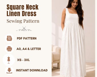 Women's Linen Dress Sewing Pattern , Easy Summer Square Neck Gathered Maxi Dress PDF, XS-3XL | A0 , A4 & US Letter