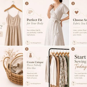 May include: A six-panel infographic titled Why Sew It Yourself? featuring a beige dress on a hanger, a wrap dress, fabric stacks, a woven basket, a clothing rack with garments, and sewing tools including scissors, thread, and a measuring tape.
