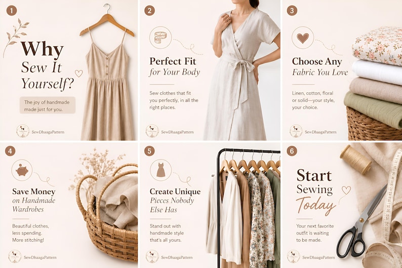 May include: A six-panel infographic titled Why Sew It Yourself? featuring a beige dress on a hanger, a wrap dress, fabric stacks, a woven basket, a clothing rack with garments, and sewing tools including scissors, thread, and a measuring tape.