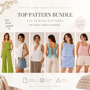 May include: A digital PDF sewing pattern bundle titled Top Pattern Bundle, featuring six sleeveless top designs. The image displays various styles including a green plaid set, white side-tie top, V-neck top, blue back-tie top, and pastel tanks in sizes XS-5XL.