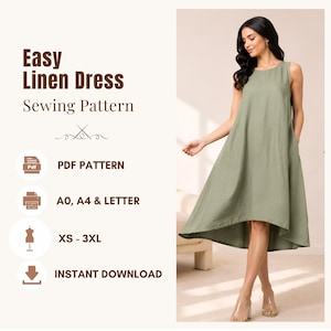 Puede incluir: Un patrón de costura para un vestido de lino fácil, con el texto Easy Linen Dress Sewing Pattern, PDF Pattern, A0, A4 & Letter, XS - 3XL e Instant Download. La imagen muestra un vestido sin mangas de color verde salvia con dobladillo asimétrico.