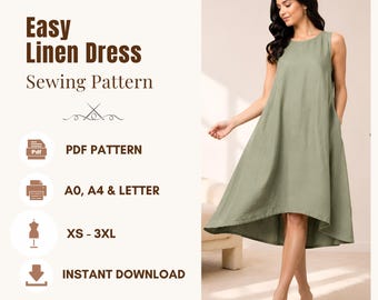Easy Sleeveless Linen Dress Sewing Pattern, Loose Fit Summer Dress Pdf, A0, A4 Letter | XS-3XL