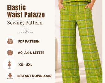 Easy Elastic Waist Pajama Pants Sewing Pattern, Relaxed Fit Palazzo Pdf XS - 5XL | A0, A4 & US Letter