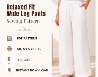 Relaxed Fit Wide Leg Pants Sewing Pattern , Elastic Waist Trousers PDF XS-5XL, Palazzo Pants,  A0, A4 & US Letter