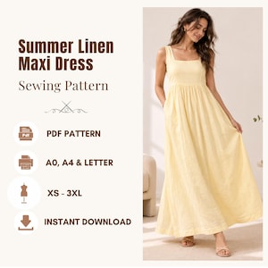以下が含まれることがあります： サマーリネンマキシドレスの縫製パターン。テキストにはSummer Linen Maxi Dress, Sewing Pattern, PDF PATTERN, A0, A4 & LETTER, XS - 3XL, INSTANT DOWNLOADと記載されています。スクエアネックでスカートが広がった、淡い黄色のノースリーブマキシドレス。