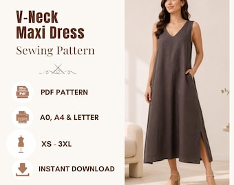 V Neck Maxi Dress Sewing Pattern, Summer Relaxed A-Line Linen Dress PDF,  XS-3XL, A0, A4, US Letter
