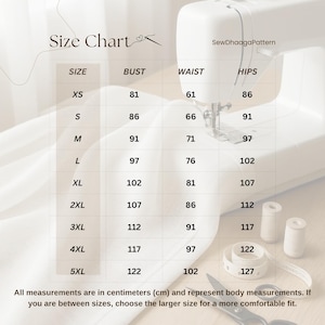 May include: A size chart table titled Size Chart with the text SewDhaagaPattern, listing sizes XS through 5XL with corresponding bust, waist, and hip measurements in centimeters. A white sewing machine, thread spools, and scissors are visible.