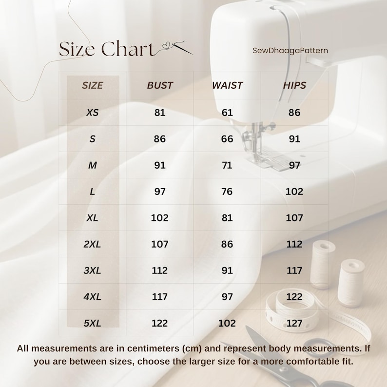 May include: A size chart table titled Size Chart with the text SewDhaagaPattern, listing sizes XS through 5XL with corresponding bust, waist, and hip measurements in centimeters. A white sewing machine, thread spools, and scissors are visible.