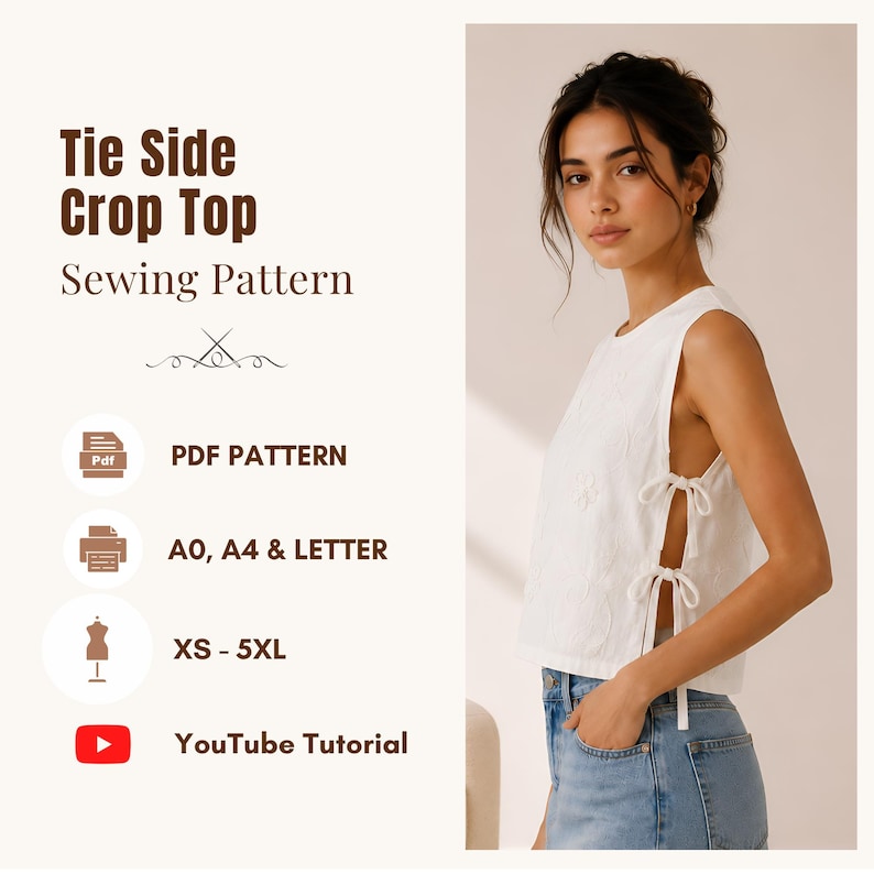 Tie Side Crop Top sewing pattern PDF featuring a modern sleeveless crop top with adjustable side tie closures, available in XS–5XL with instant download in A0, A4, and Letter formats for easy printing.