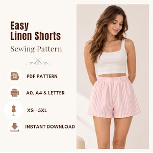 May include: A digital sewing pattern for Easy Linen Shorts, featuring text and icons for PDF format, A0, A4, and Letter sizes, XS-5XL range, and instant download. The visual shows a pair of light pink and white vertical striped shorts with an elastic waistband.