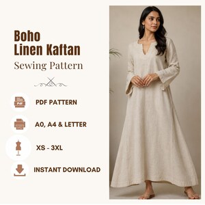 May include: A beige linen kaftan sewing pattern featuring a V-neckline and long sleeves. The text reads: Boho Linen Kaftan Sewing Pattern, PDF Pattern, A0, A4 & Letter, XS - 3XL, Instant Download. The kaftan is floor-length with a flared silhouette.