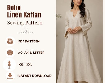Linen Kaftan Sewing Pattern, Boho Long Sleeve Maxi Dress PDF, Diy Relaxed Summer dress, XS-3XL | A0, A4, US Letter