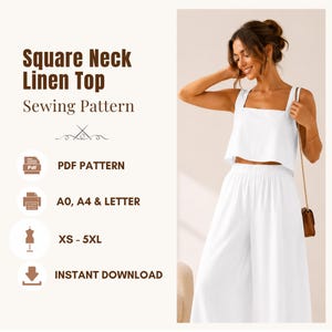 Summer Square Neck Top Sewing Pattern, Linen Blouse PDF Printable XS-5XL | A4, US Letter & A0