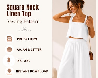 Summer Square Neck Top Sewing Pattern, Linen Blouse PDF Printable XS-5XL | A4, US Letter & A0