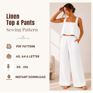 Eenvoudig naaipatroon voor een top met vierkante hals en een wijde broek, linnen zomerset (PDF), XS-5XL | A4, US Letter, A0