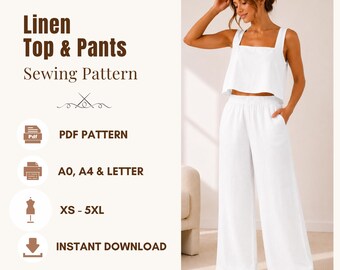 Easy Square Neck Top & Wide Leg Pants Sewing Pattern, Linen Summer Set PDF, XS-5XL | A4, US Letter, A0