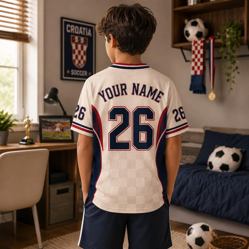 May include: A white short-sleeved sports jersey with navy blue and red accents, featuring the text YOUR NAME and the number 26 in large navy blue font on the back. The jersey has a subtle checkered pattern and navy blue athletic shorts.