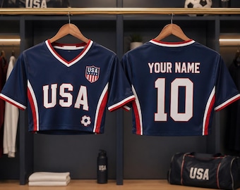 Custom USA Crop Top Jersey, Personalized Name Number Football Fan Shirt, American Flag Soccer Crop Tee, Women Game Day Outfit